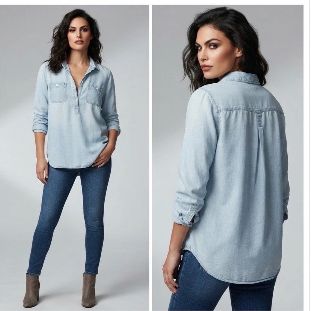 Liz Claiborne Womens Light Wash Chambray Popover Shirt Womens Small Long Sleeve